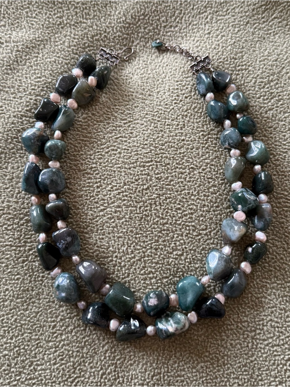 moss agate & freshwater pearl 2 lined necklace